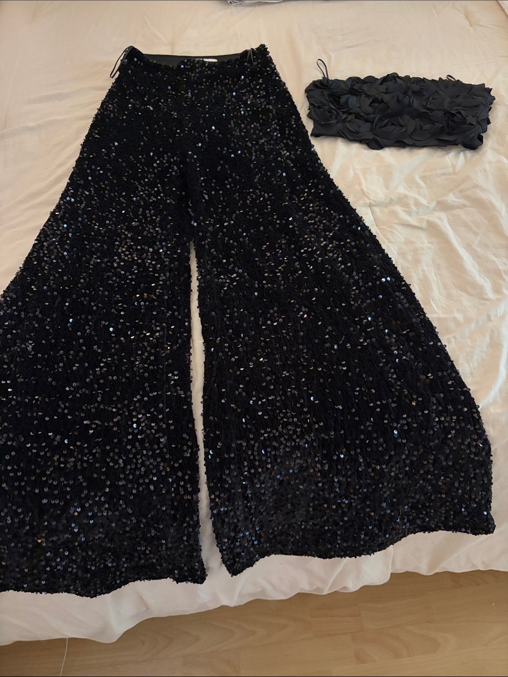 Black Sequin Wide-Leg Palazzo Pants
